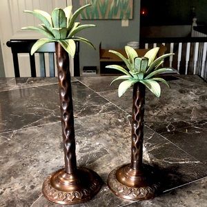 Set of 2 metal PALM TREE CANDLESTICKS in bronze and green colors.